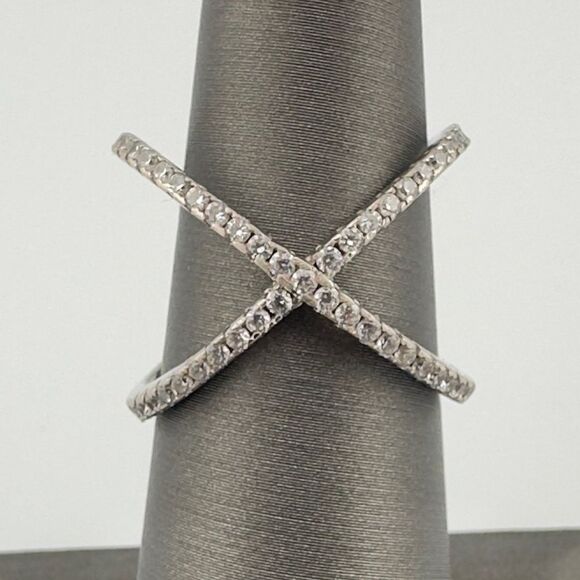 Sterling Silver 925 Cubic Zirconia CZ Criss Cross "X" Ring Sz 6.25 - 6.5 - Picture 1 of 4